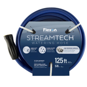Blue coiled StreamTech watering hose with nozzle and label visible (125 ft) for gardening use and reliability details