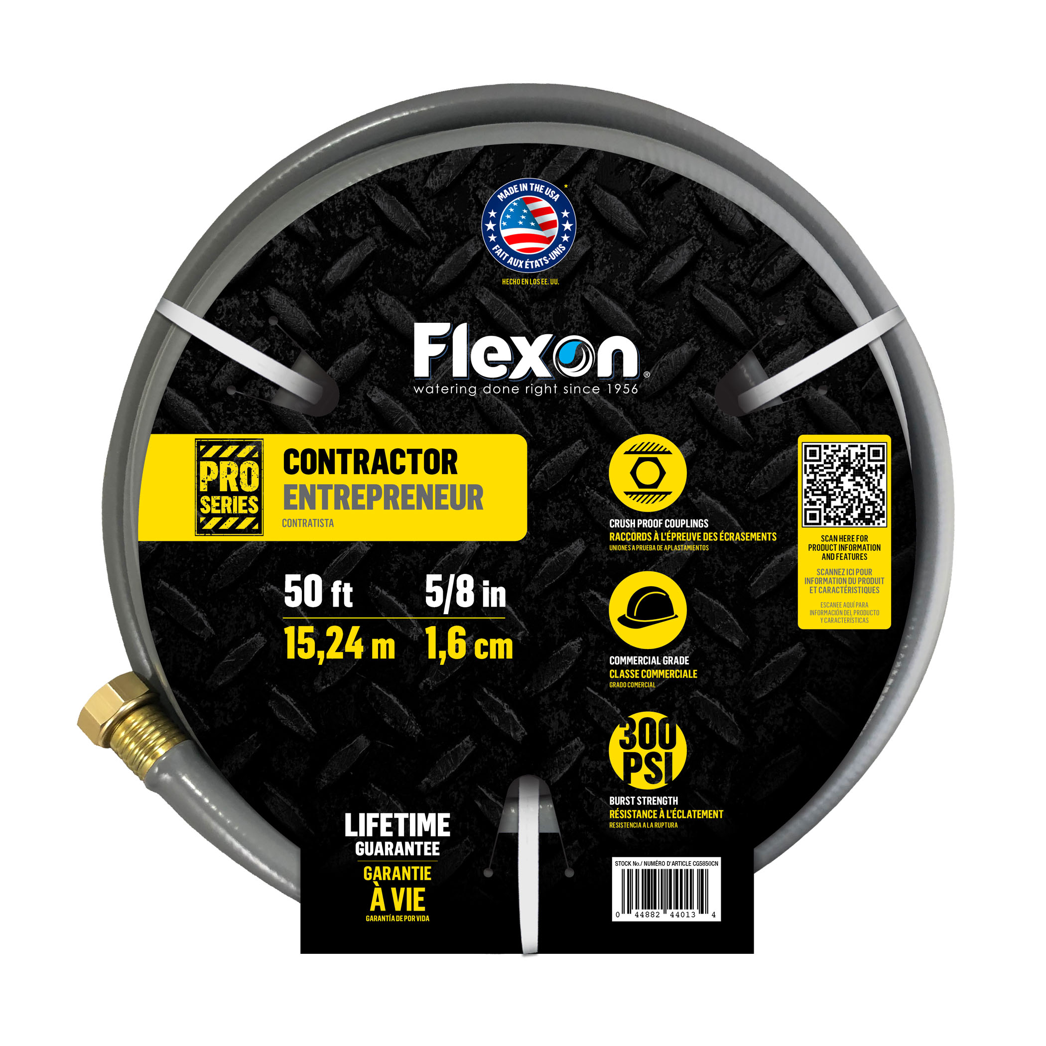 Close-up of a circular black tire with a gray rim and a prominent yellow label offering a 'Lifetime Guarantee' and the white 'Flexon' logo on the tread surface, plus a small circular 'Made in USA' badge near the top edge.