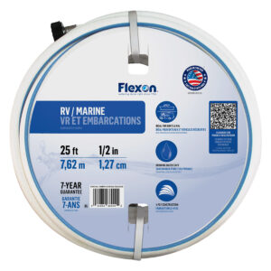 Close-up of a circular product label with the Flexon logo, Made in the USA seal, a QR code, and a blue information panel.