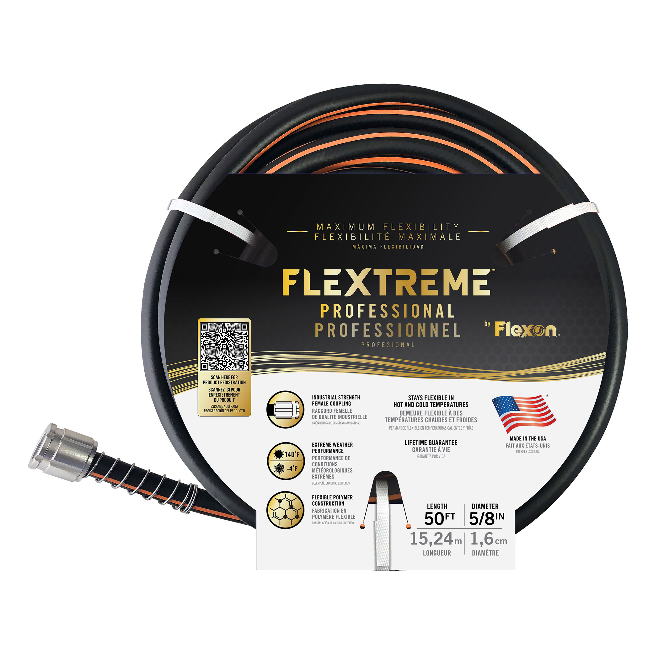 Coiled black and orange heavy-duty cable on a promotional label with a QR code and 'EXTREME' branding.