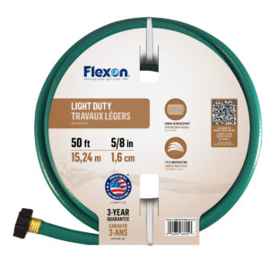 Close-up of a circular product label on a green hose reel, showing the Flexon logo and measurements, QR code, and warranty text.