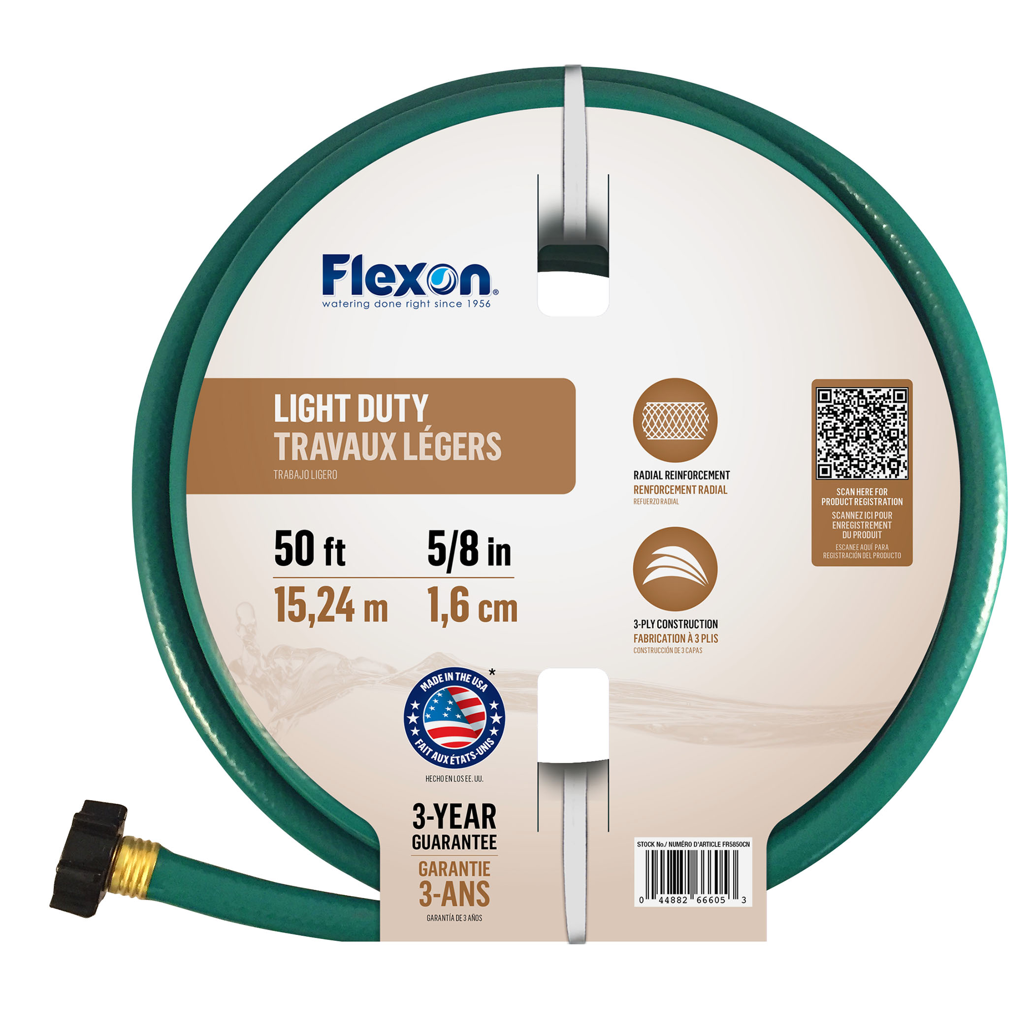 Close-up of a circular product label on a green hose reel, showing the Flexon logo and measurements, QR code, and warranty text.