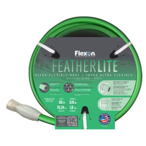 Close-up of a circular green hose packaging label showing the Flexon brand and the word Featherlite, with a nozzle at the bottom left corner.