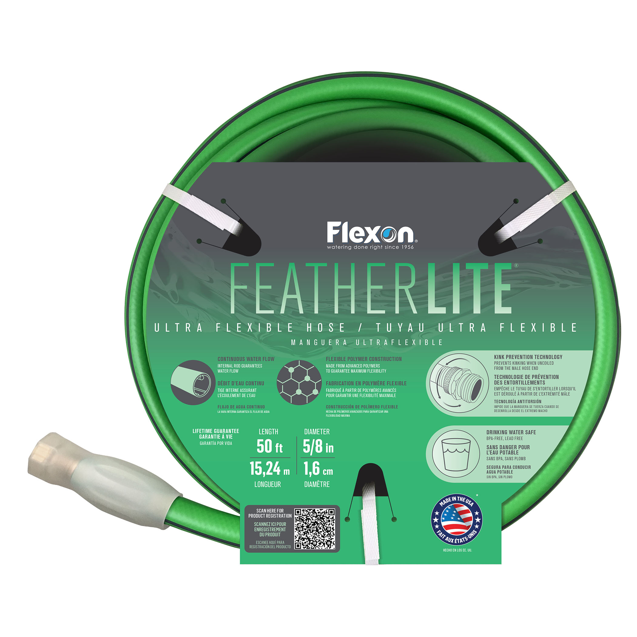 Close-up of a circular green hose packaging label showing the Flexon brand and the word Featherlite, with a nozzle at the bottom left corner.