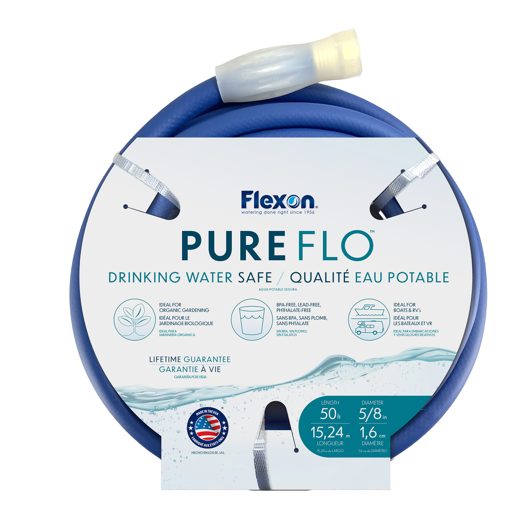 Flexon Pureflo drinking water filter packaging with blue hose wrapped around and logo visible on the label.