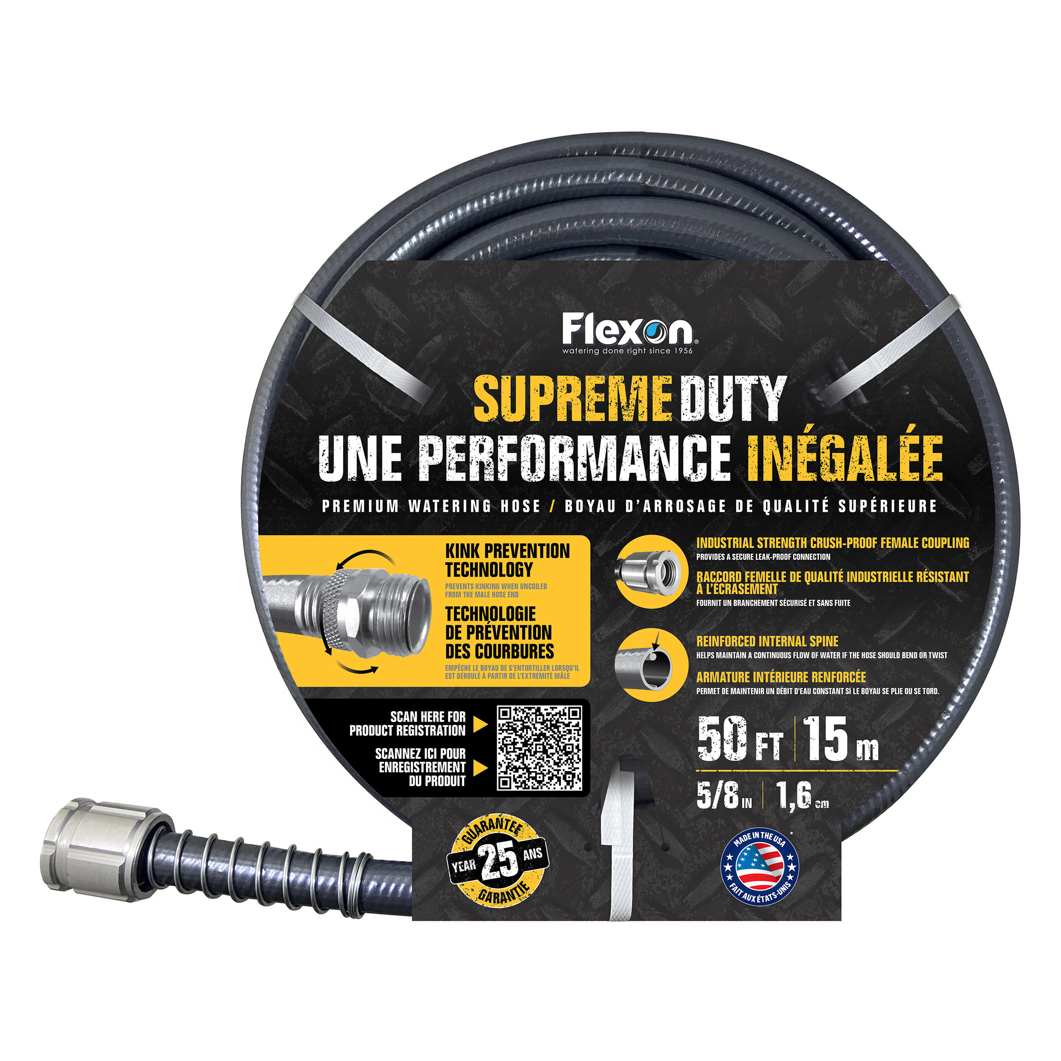 Coiled black Flexon Supreme Duty watering hose on dark packaging with yellow title and safety icons visible.
