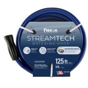 Coiled blue Flexon StreamTech watering hose with brand label and 125 ft length visible on the packaging area