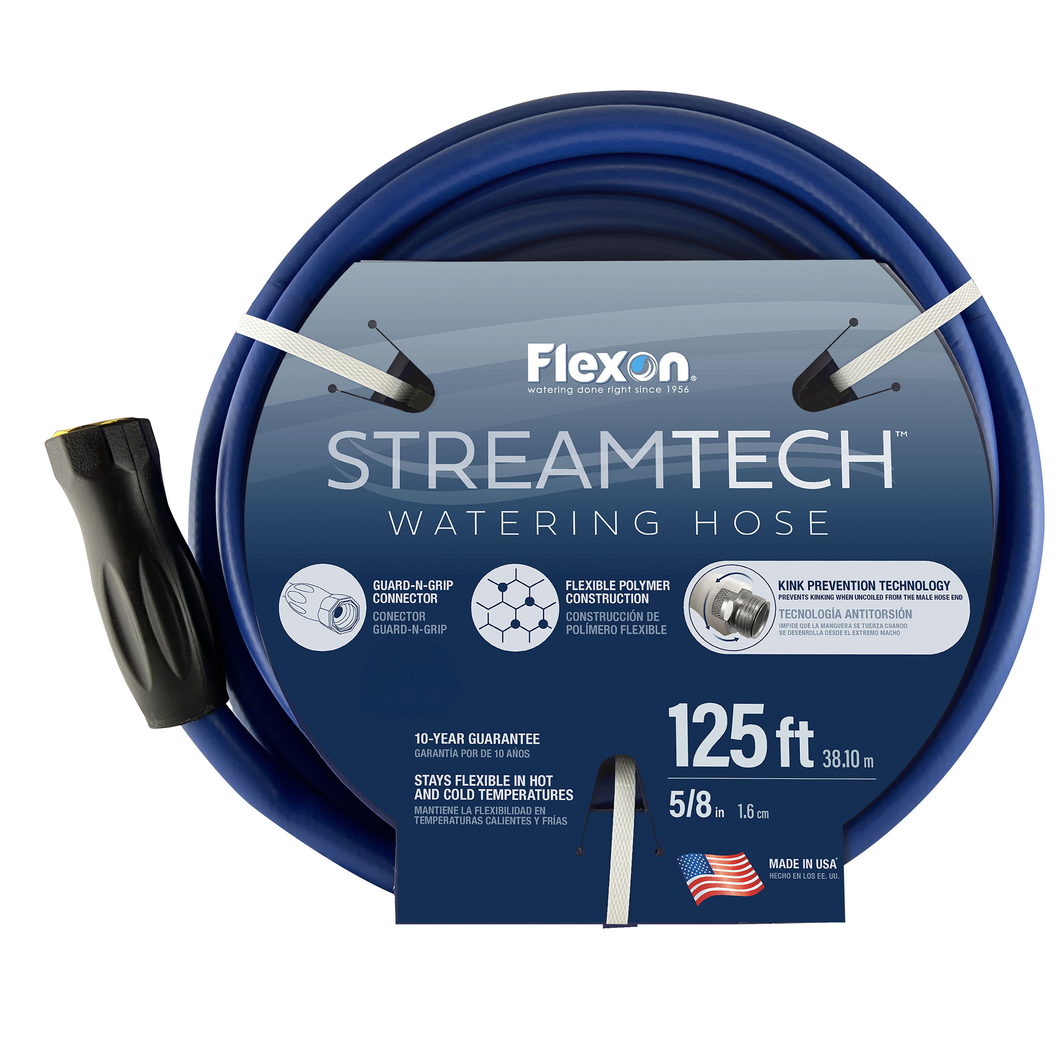 Coiled blue Flexon StreamTech watering hose with brand label and 125 ft length visible on the packaging area